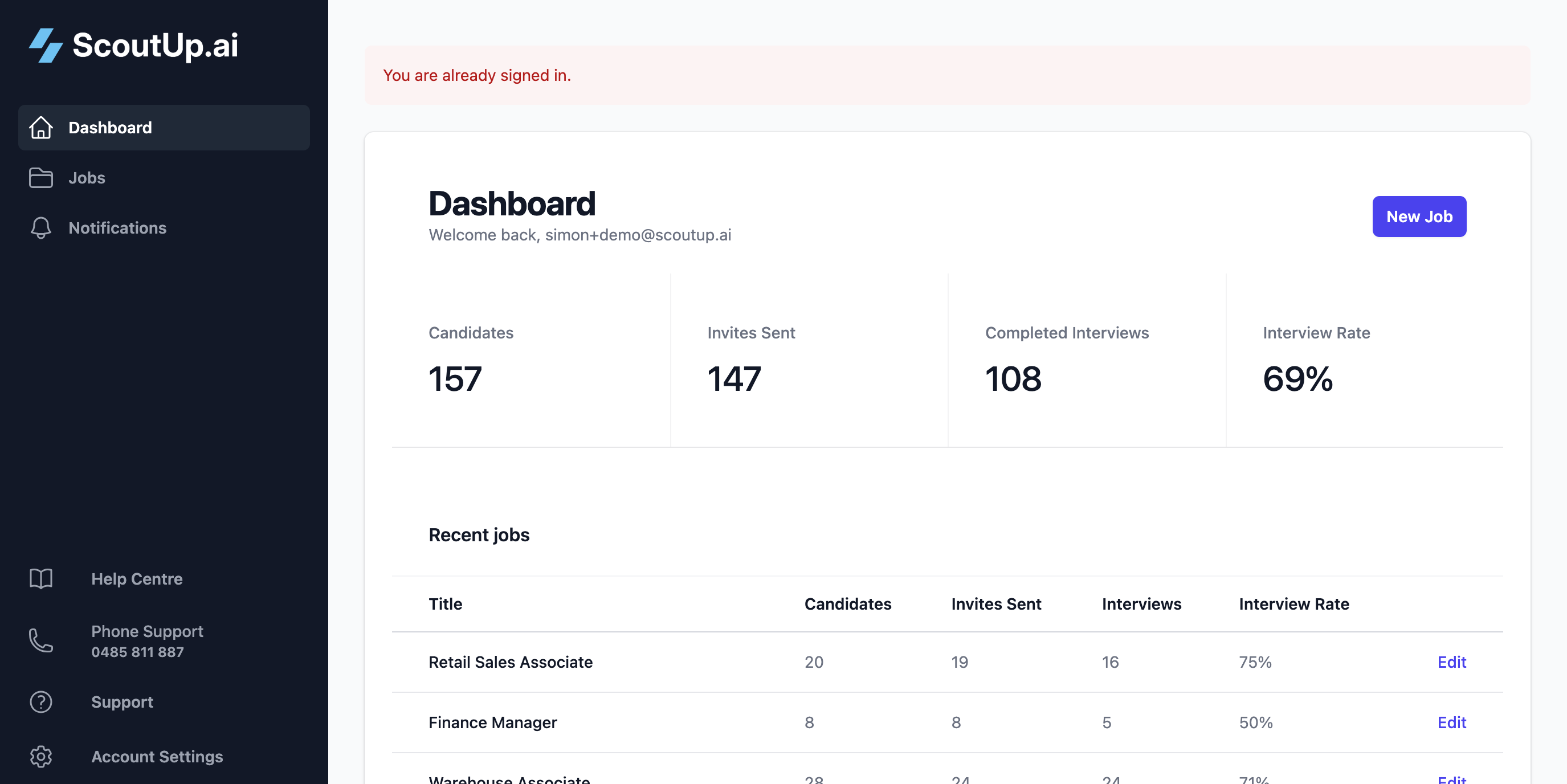 Dashboard showing New Job button