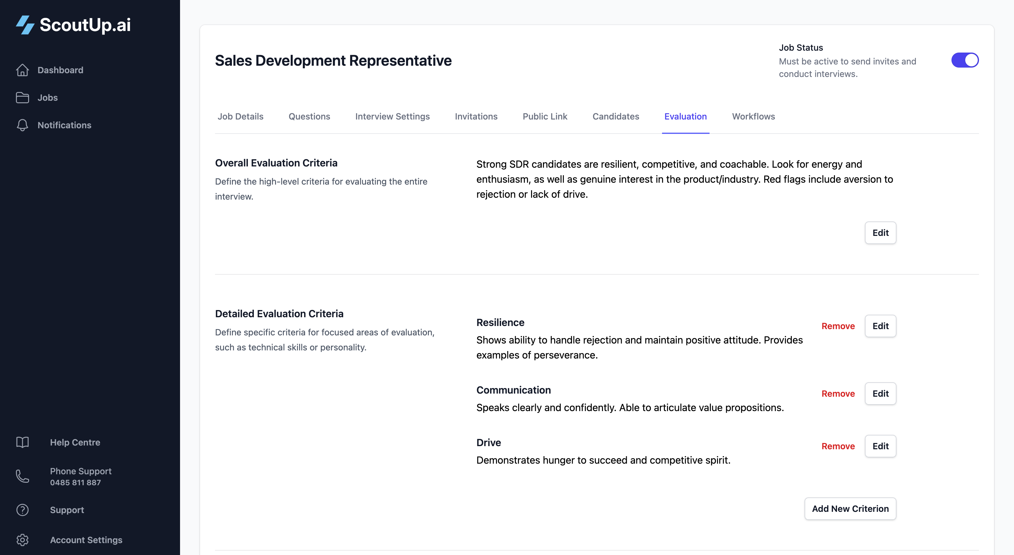 Evaluation criteria interface