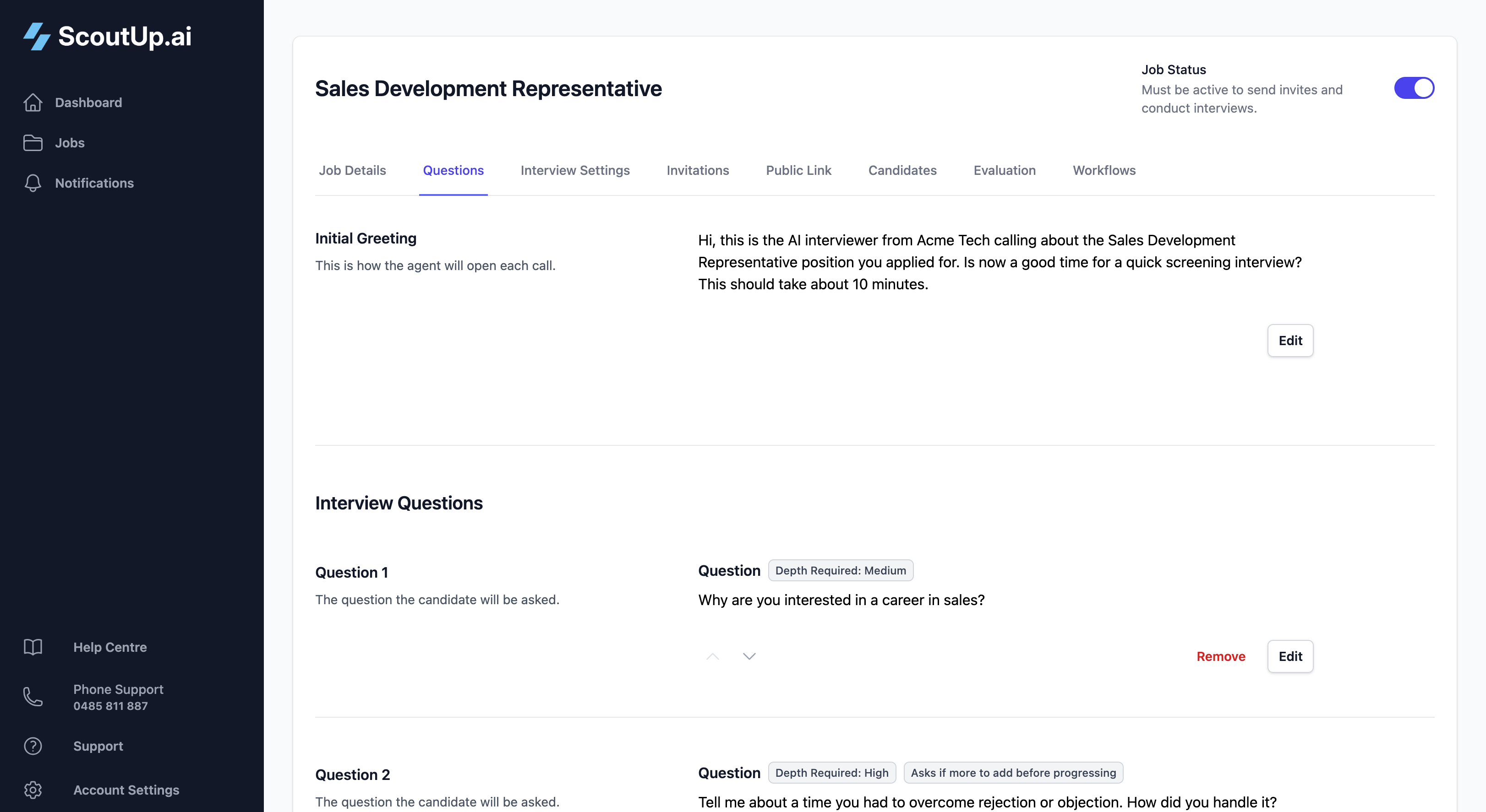 Customisable interview questions