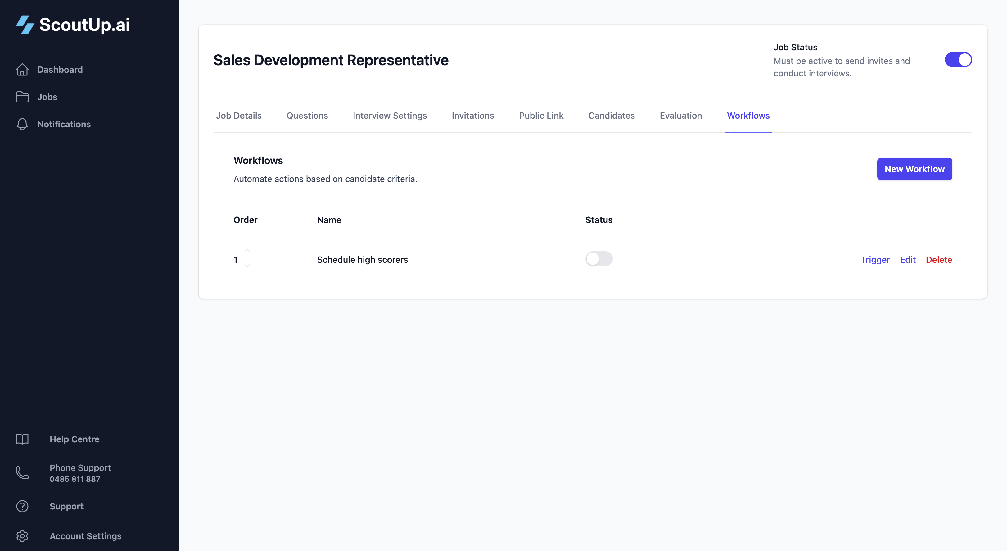 Workflow list with status toggles
