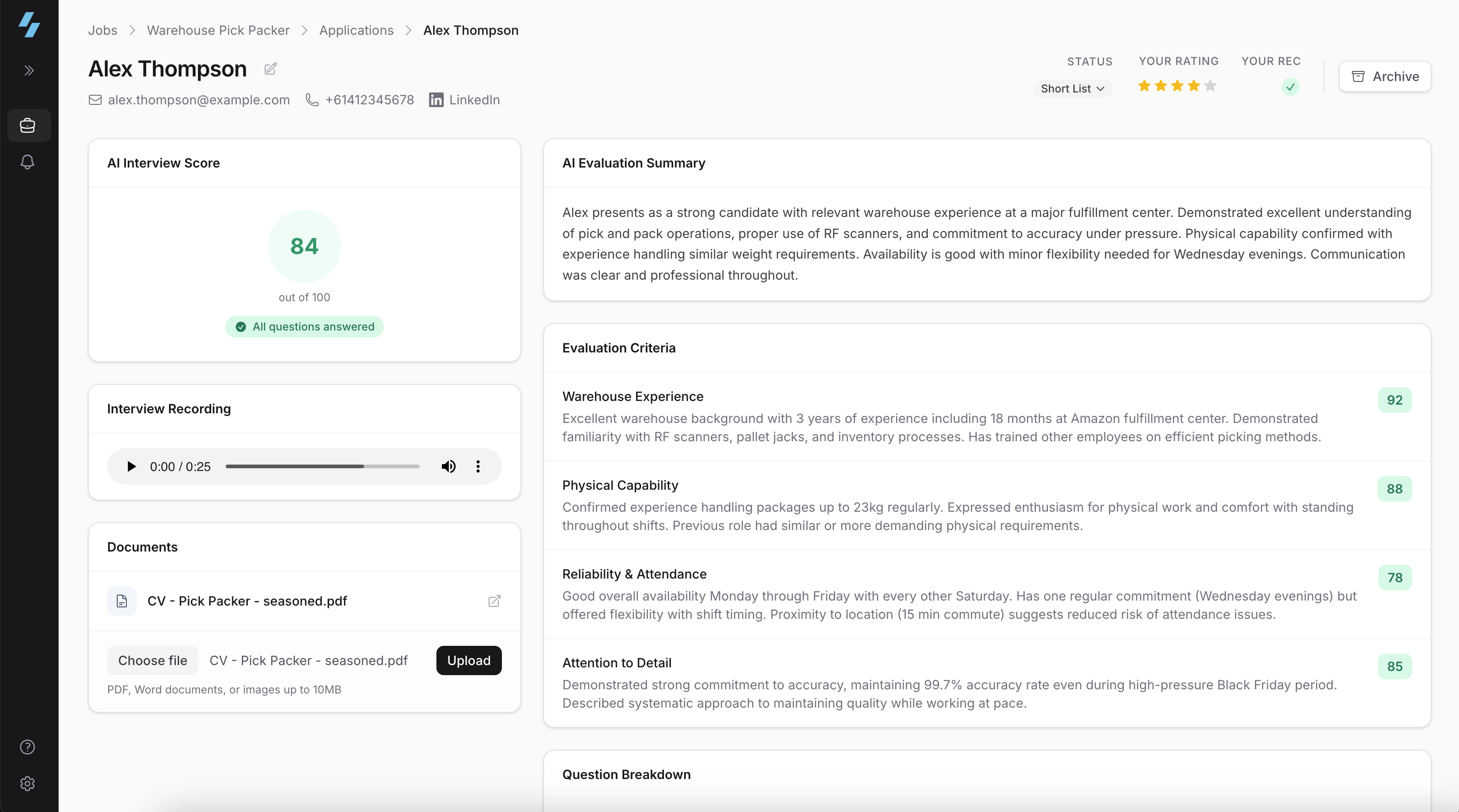 Candidate profile with AI evaluation scores