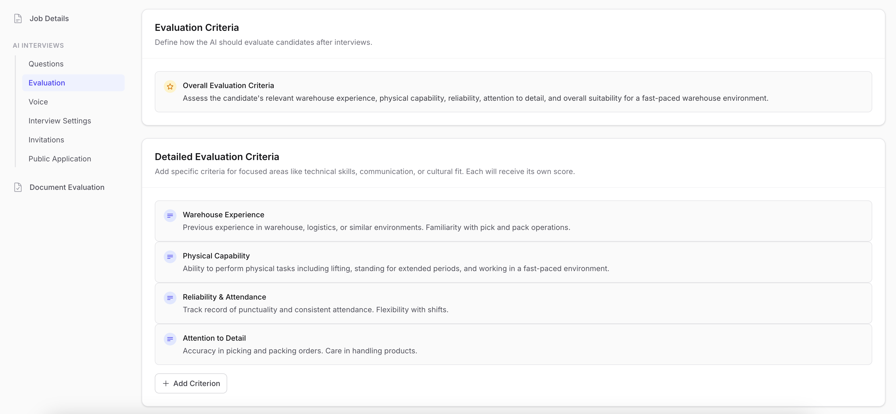 Evaluation criteria configuration