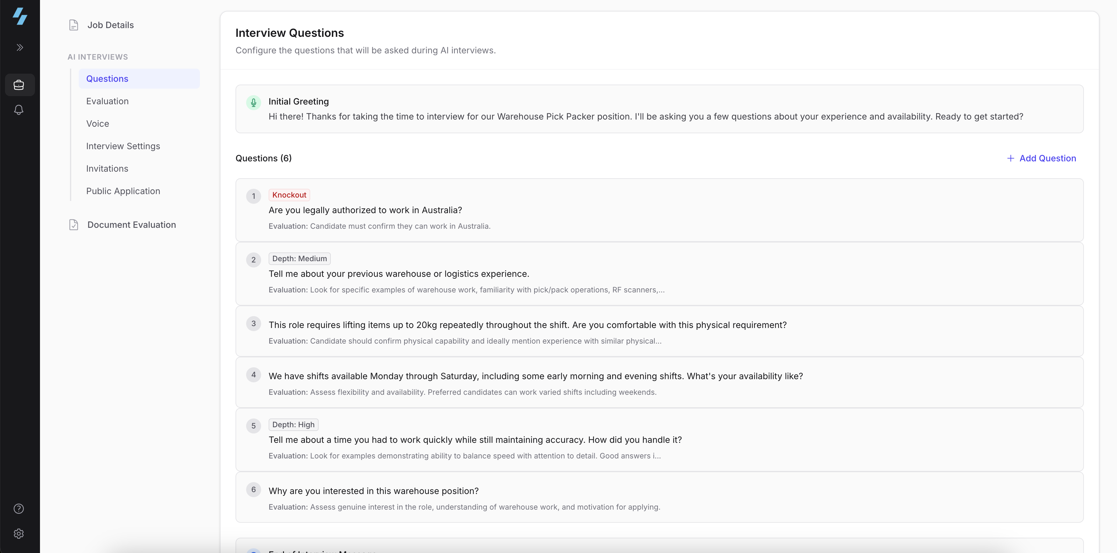 Screening questions configuration